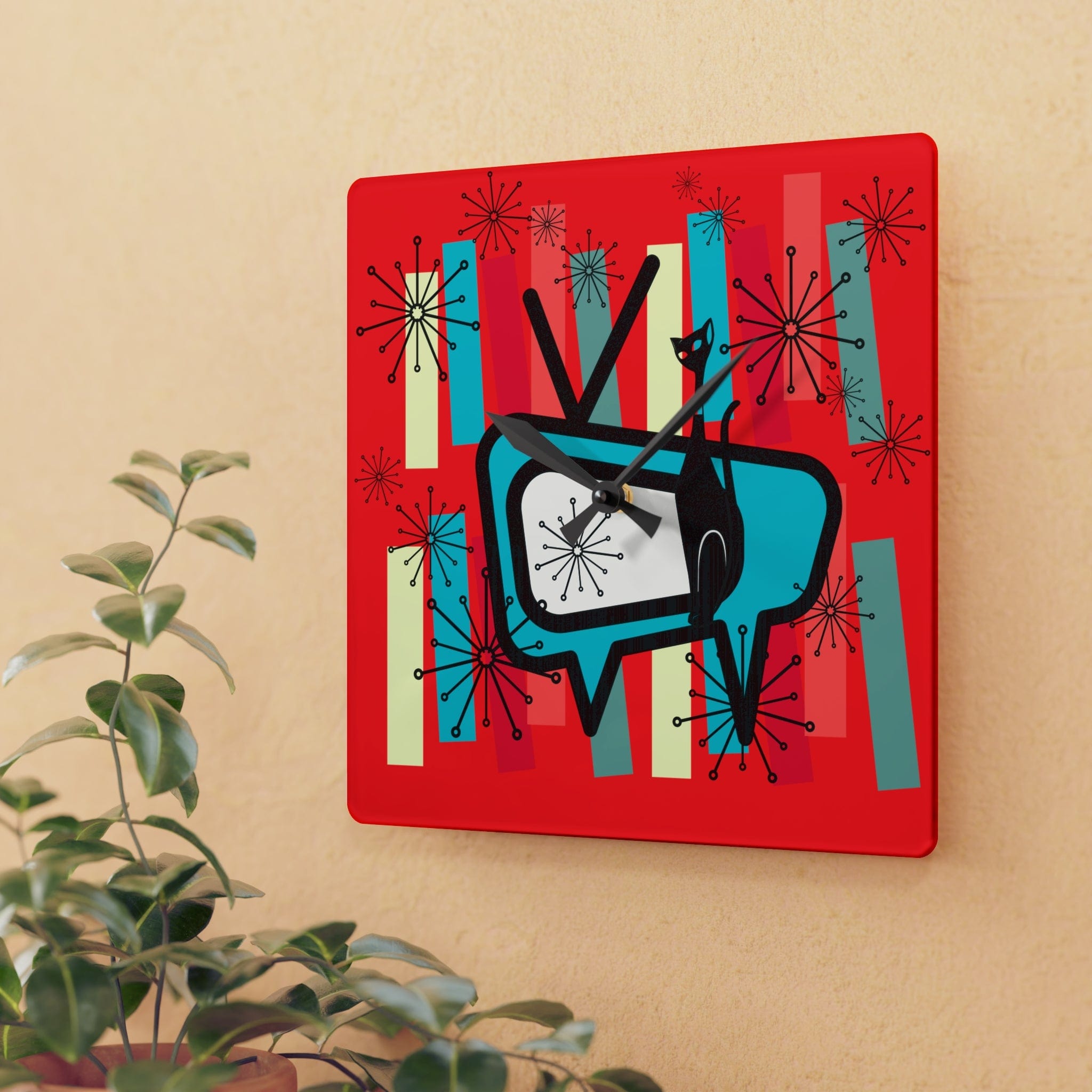 Mid Century Modern TV, Atomic Cat, Kitschy Retro MCM Acrylic Wall Clock Home Decor