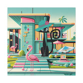 Mid Century Modern Wall Art, Atomic Kitty Cat, 50s Flamingo, Palm Springs Cali, Retro Pink, Aqua, Kitschy Canvas Art Canvas Mid Century Modern Gal