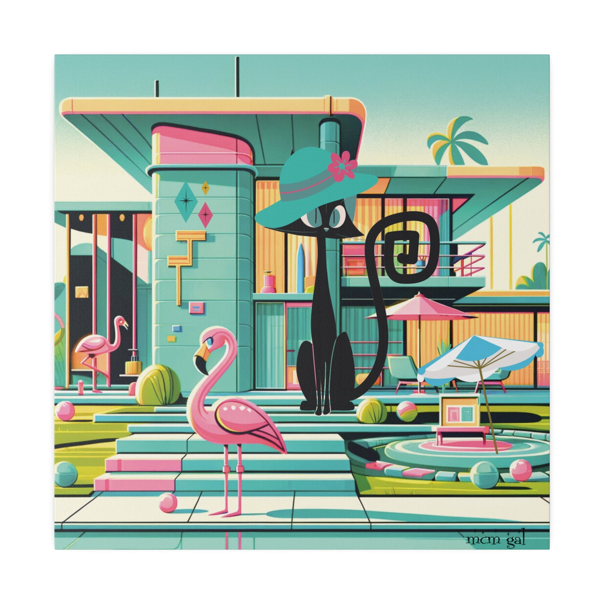 Mid Century Modern Wall Art, Atomic Kitty Cat, 50s Flamingo, Palm Springs Cali, Retro Pink, Aqua, Kitschy Canvas Art Canvas