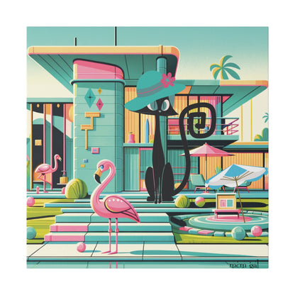 Mid Century Modern Wall Art, Atomic Kitty Cat, 50s Flamingo, Palm Springs Cali, Retro Pink, Aqua, Kitschy Canvas Art Canvas