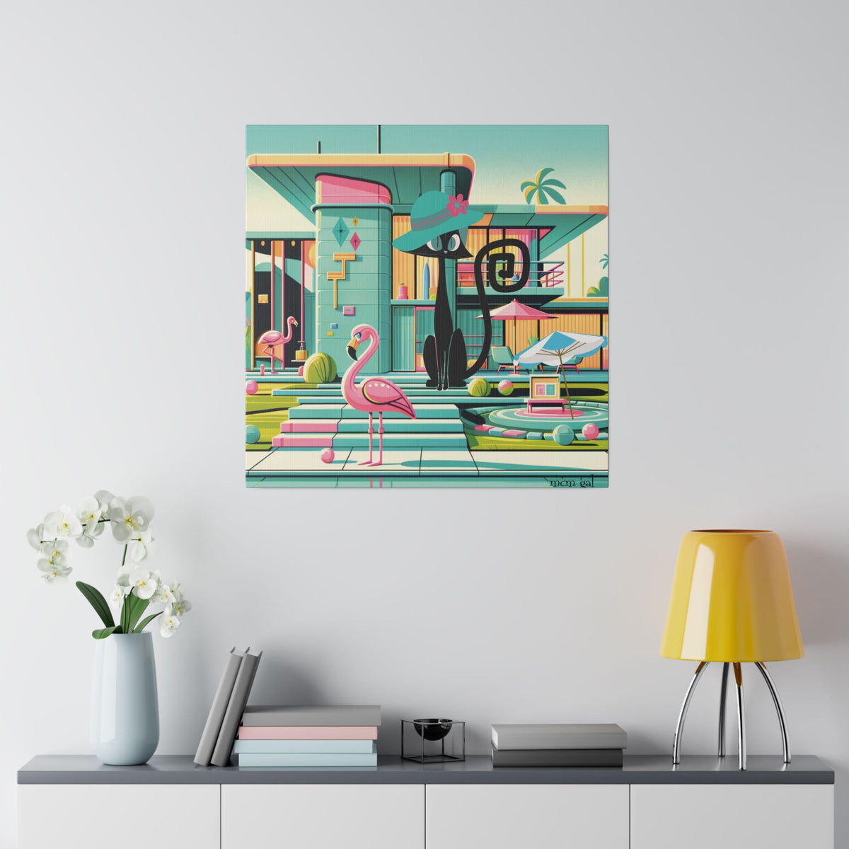 Mid Century Modern Wall Art, Atomic Kitty Cat, 50s Flamingo, Palm Springs Cali, Retro Pink, Aqua, Kitschy Canvas Art Canvas
