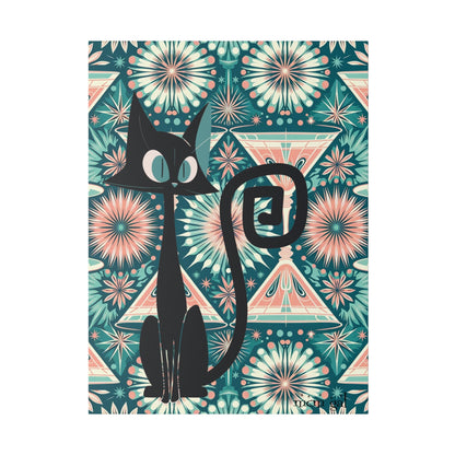 Mid Century Modern Wall Art, Original Atomic Kitschy Cat, Teal, Pink 50s Style Matte Canvas Canvas