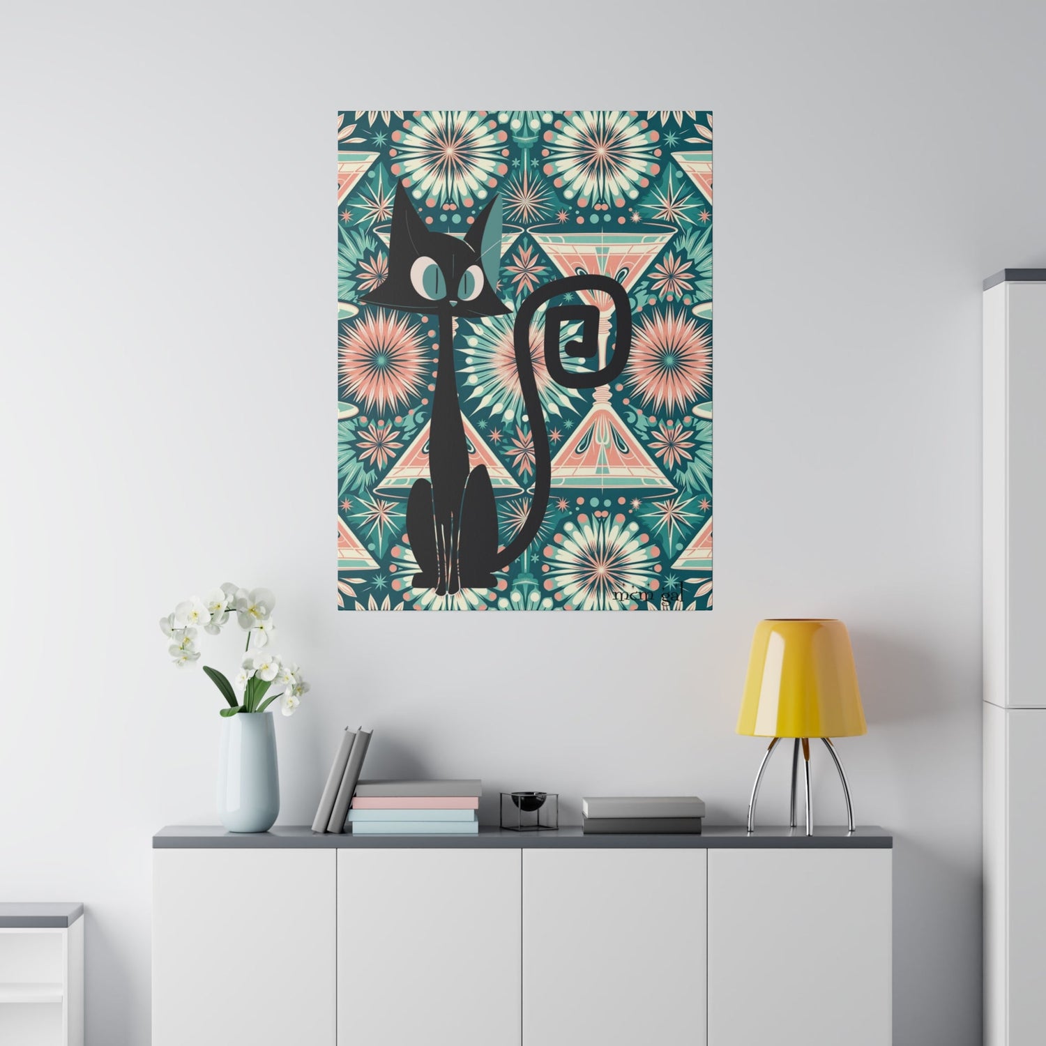 Mid Century Modern Wall Art, Original Atomic Kitschy Cat, Teal, Pink 50s Style Matte Canvas Canvas