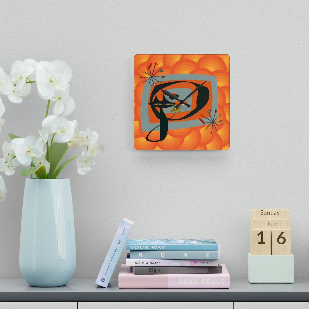 Mid Century Modern Wall Clock, Atomic Kitschy Cat, Orange Groovy Retro Acrylic Wall Clock Home Decor