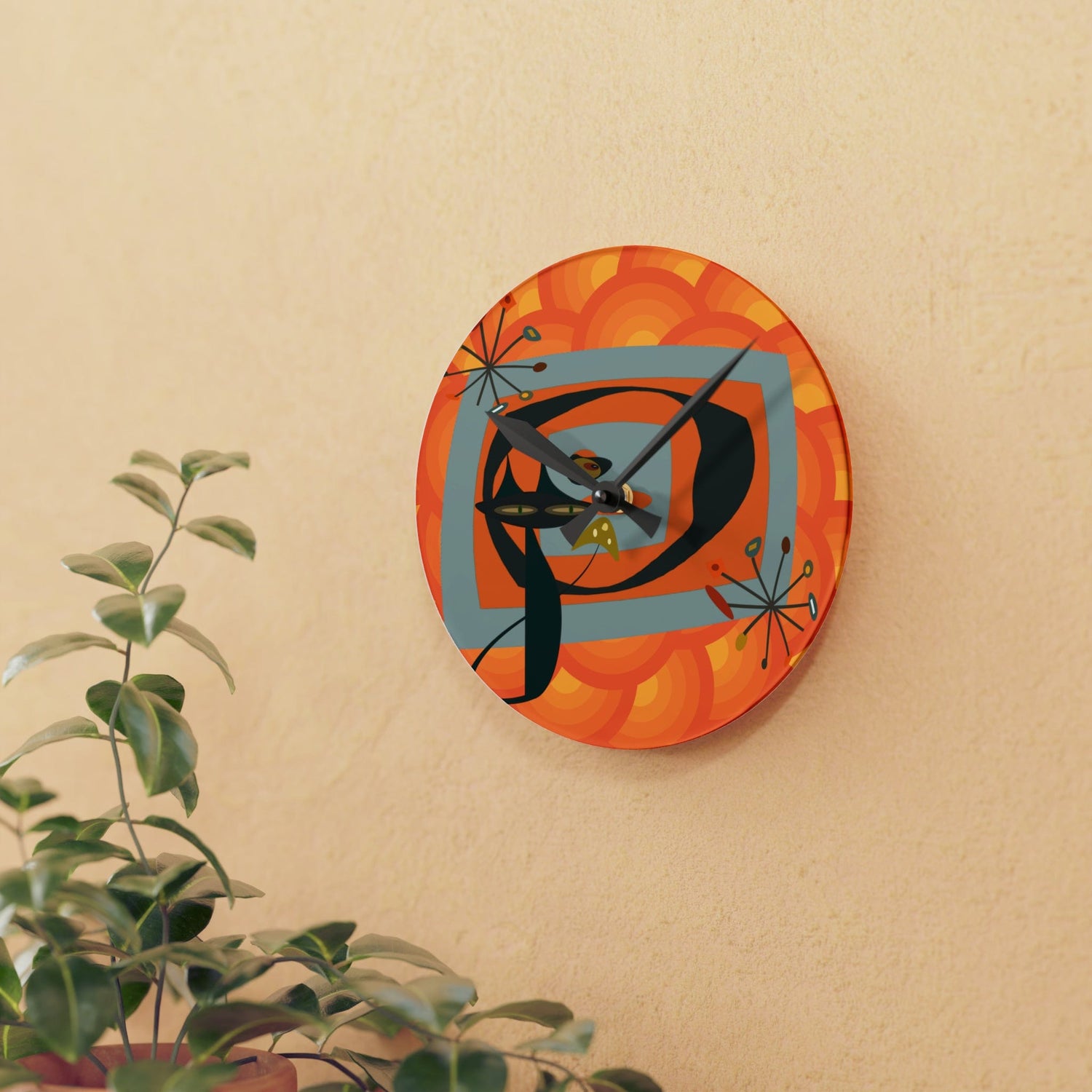Mid Century Modern Wall Clock, Atomic Kitschy Cat, Orange Groovy Retro Acrylic Wall Clock Home Decor