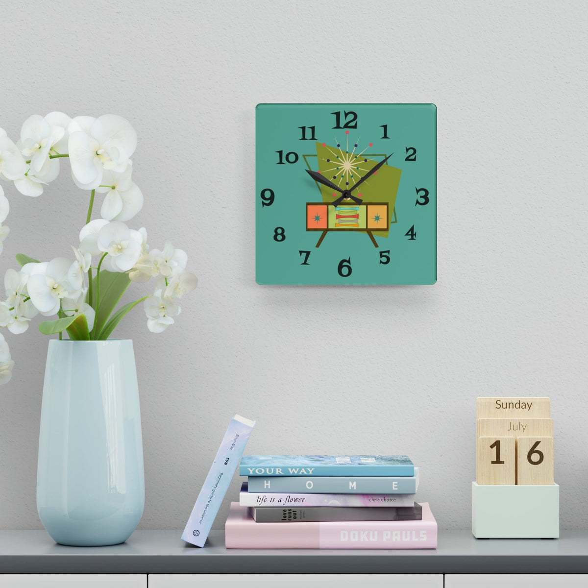 Mid Century Modern Wall Clock, Teal Blue Retro Style, Acrylic Wall Clock Home Decor