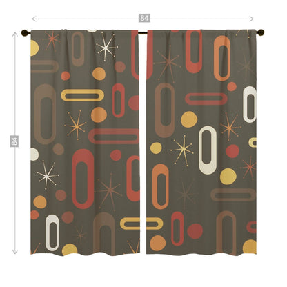 Mid Century Modern Window Curtains (two panels) Chocolate Brown,Yellow, Orange Starburst Retro Living Room, Bedroom Decor Curtains