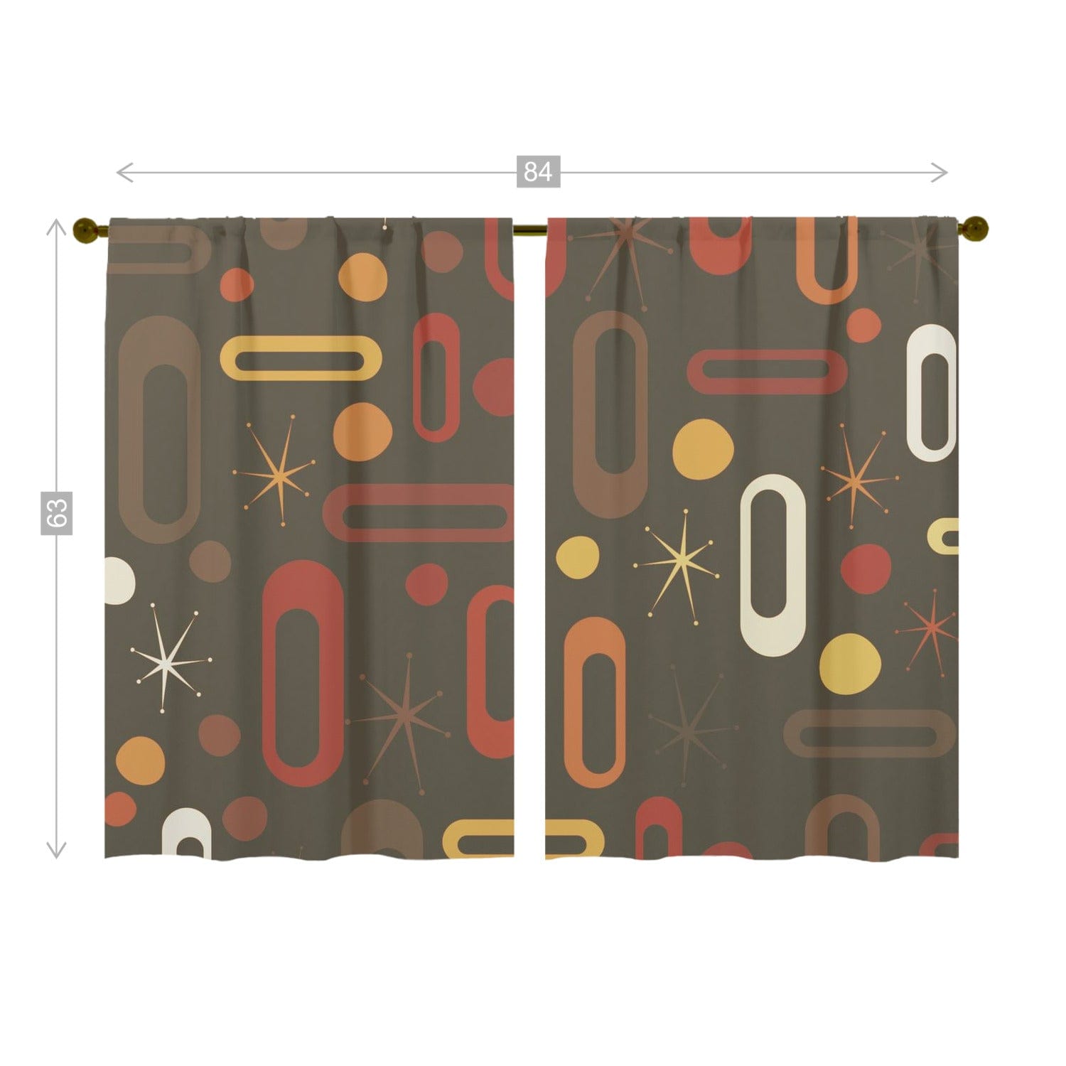 Mid Century Modern Window Curtains (two panels) Chocolate Brown,Yellow, Orange Starburst Retro Living Room, Bedroom Decor Curtains