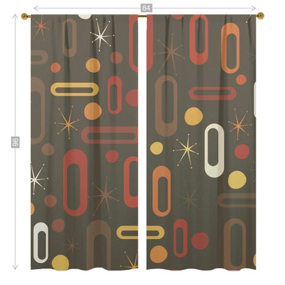 Mid Century Modern Window Curtains (two panels) Chocolate Brown,Yellow, Orange Starburst Retro Living Room, Bedroom Decor Curtains