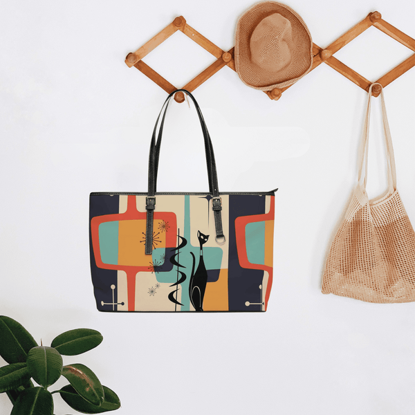 Mid Mod, Atomic Cat, Retro, Geometric Beige, Charcoal Gray, Yellow, Teal Blue, Shoulder Bag