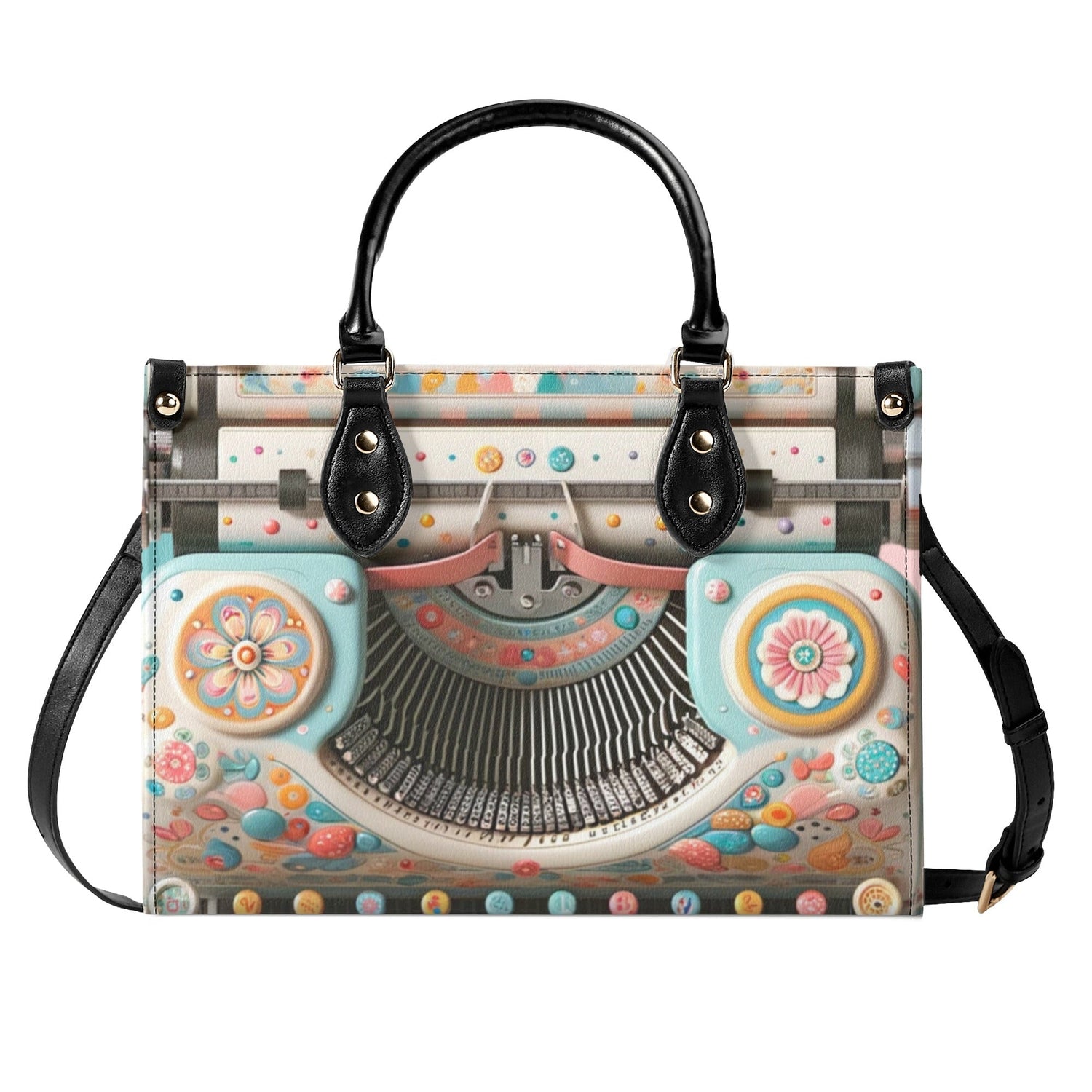 Mid Mod Kitschy Style Retro Typewriter Hand Bag-Shoulder Bag Combo in Pink, Aqua And Blue