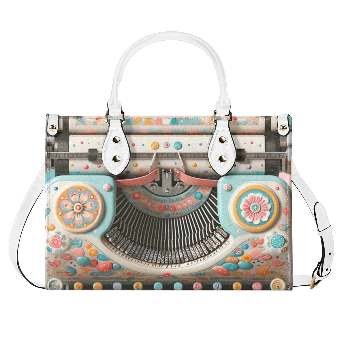 Mid Mod Kitschy Style Retro Typewriter Hand Bag-Shoulder Bag Combo in Pink, Aqua And Blue