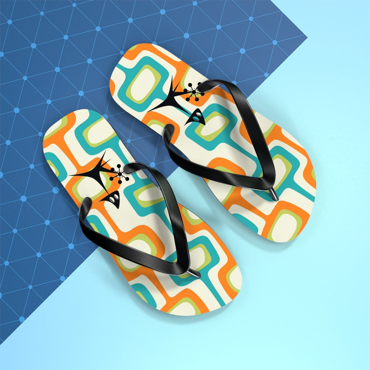 Mid Mod, Summer Retro Geometric, Atomic Kittie,  Fun Funky Flip Flops Shoes