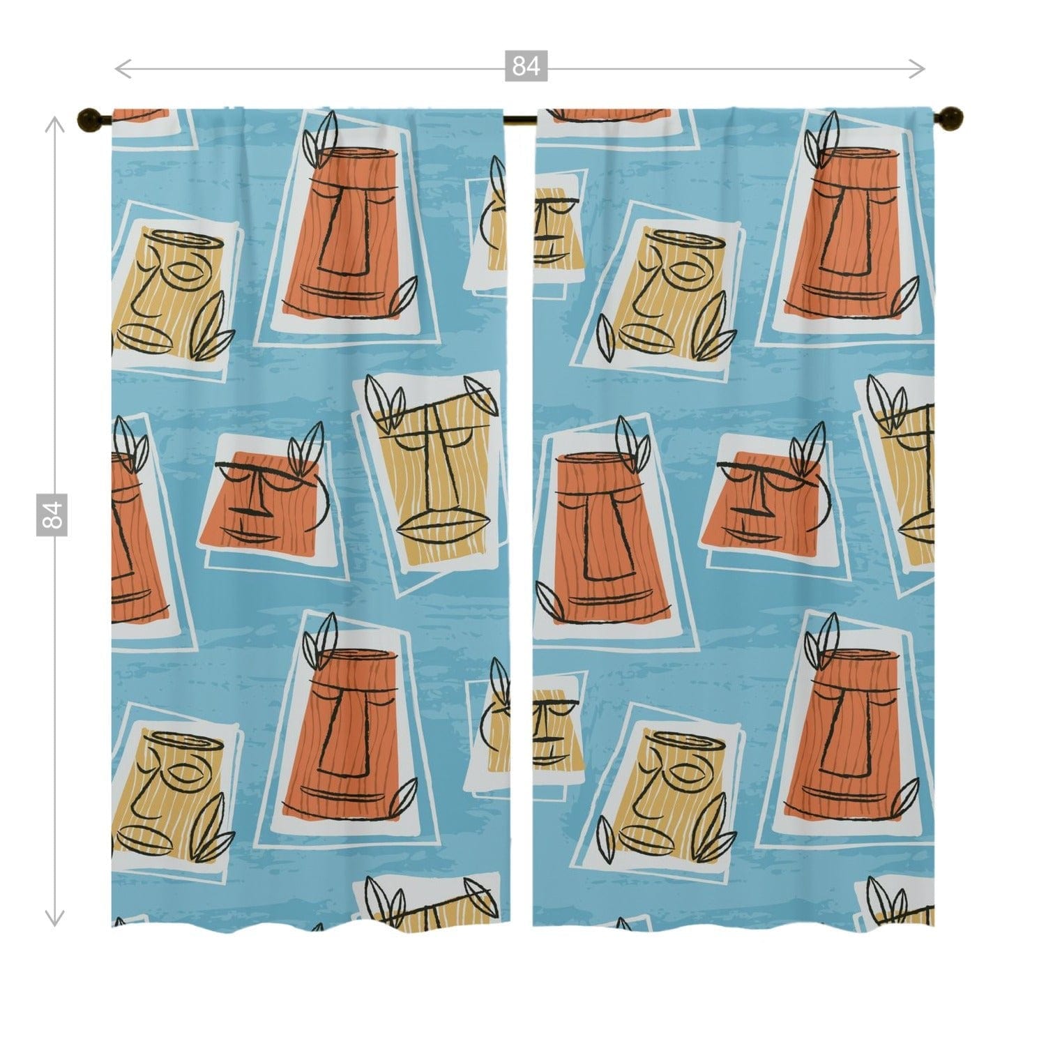 Mid Mod Tiki Time, Mid Century Modern, Blue, Yellow, White Retro Window Curtains (two panels) Curtains