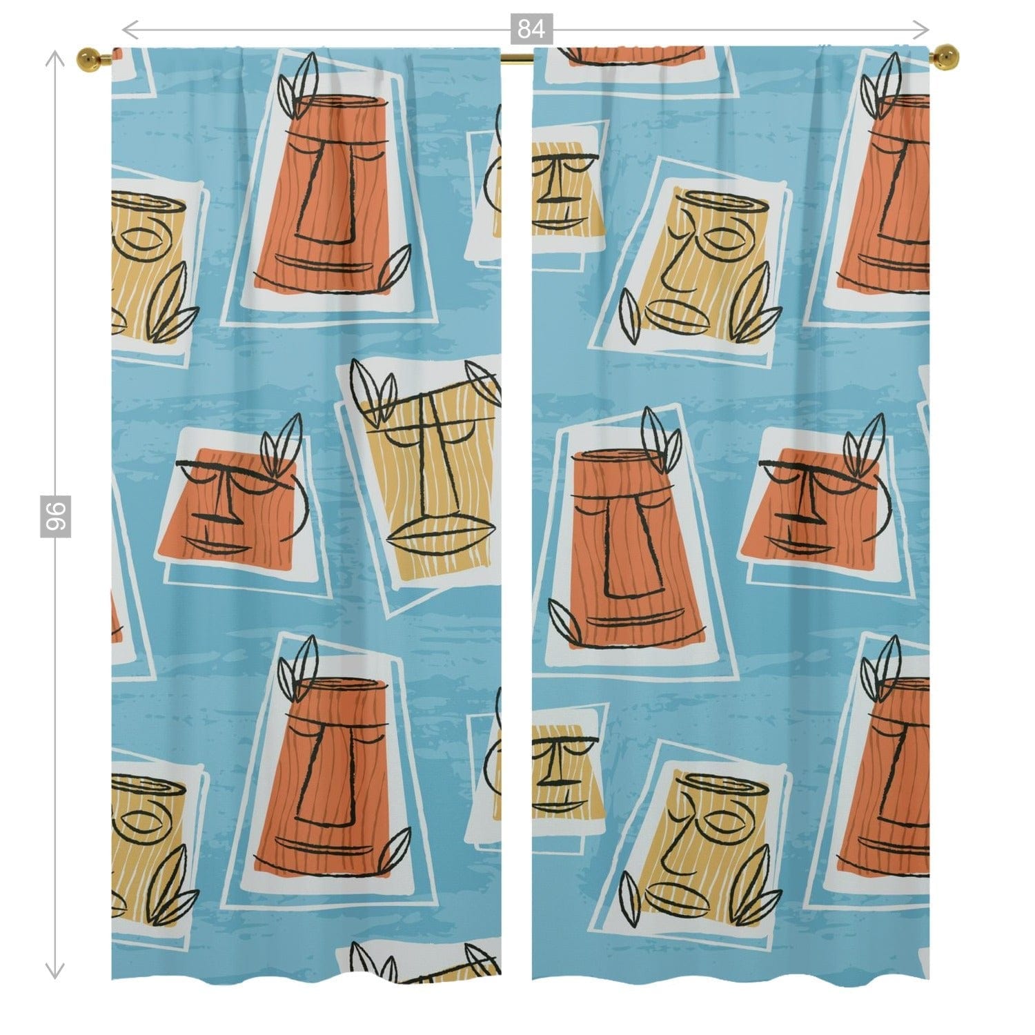 Mid Mod Tiki Time, Mid Century Modern, Blue, Yellow, White Retro Window Curtains (two panels) Curtains