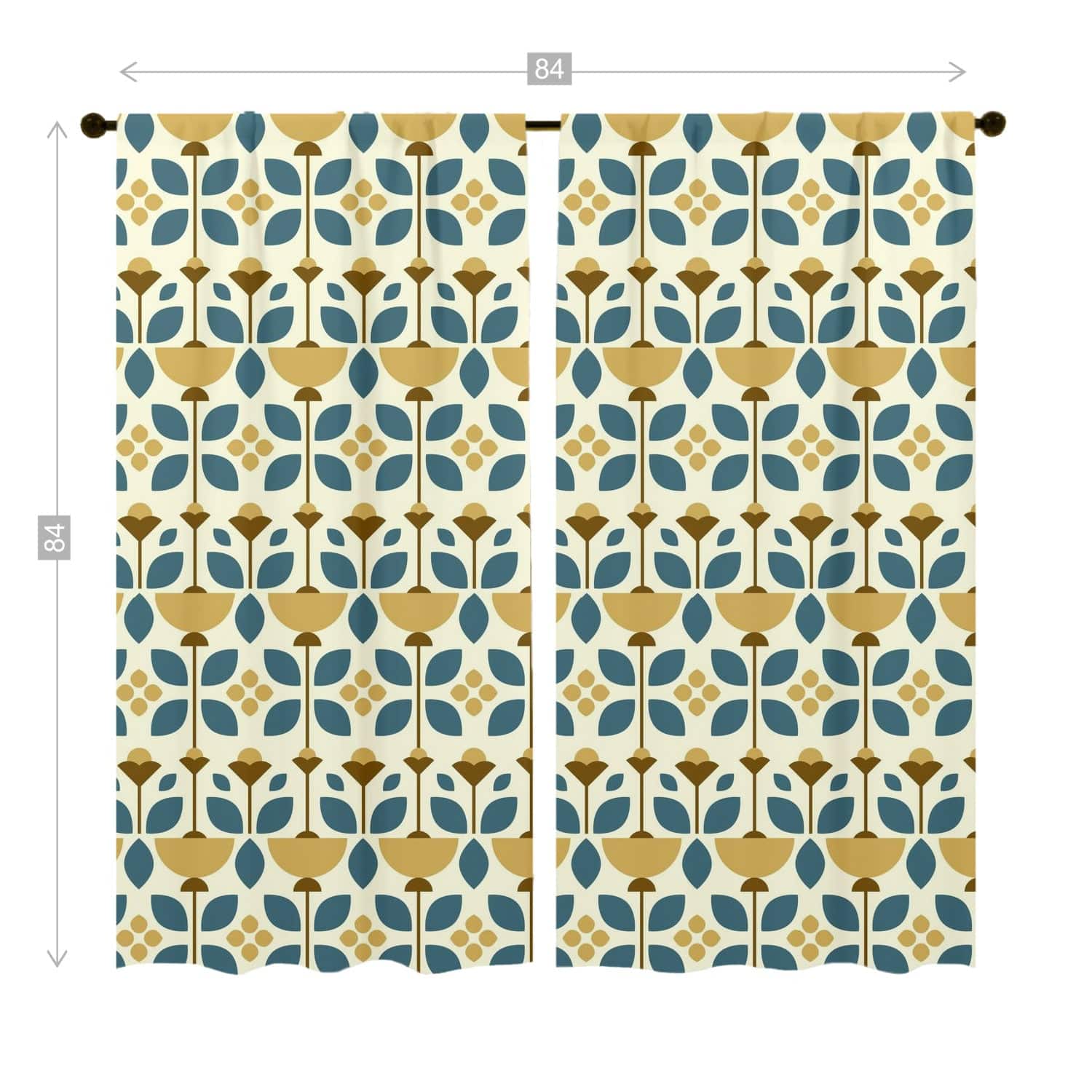 Mid Modern Golden Yellow, Blue, Scandinavian Flower Design Window Curtains (two panels) Curtains