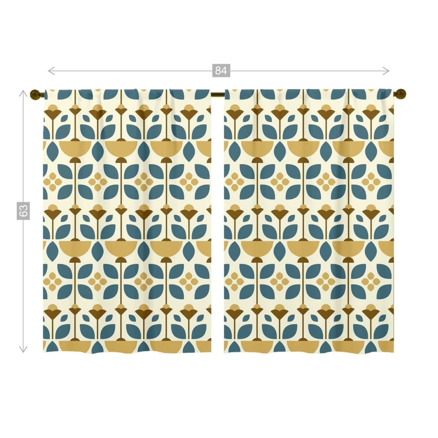 Mid Modern Golden Yellow, Blue, Scandinavian Flower Design Window Curtains (two panels) Curtains