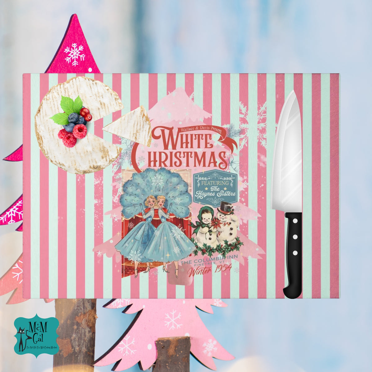 The Columbia Inn, Featuring the Haynes Sisters Vintage Christmas Glass Cutting Board - 'White Christmas' Design - Mid Century Modern Gal