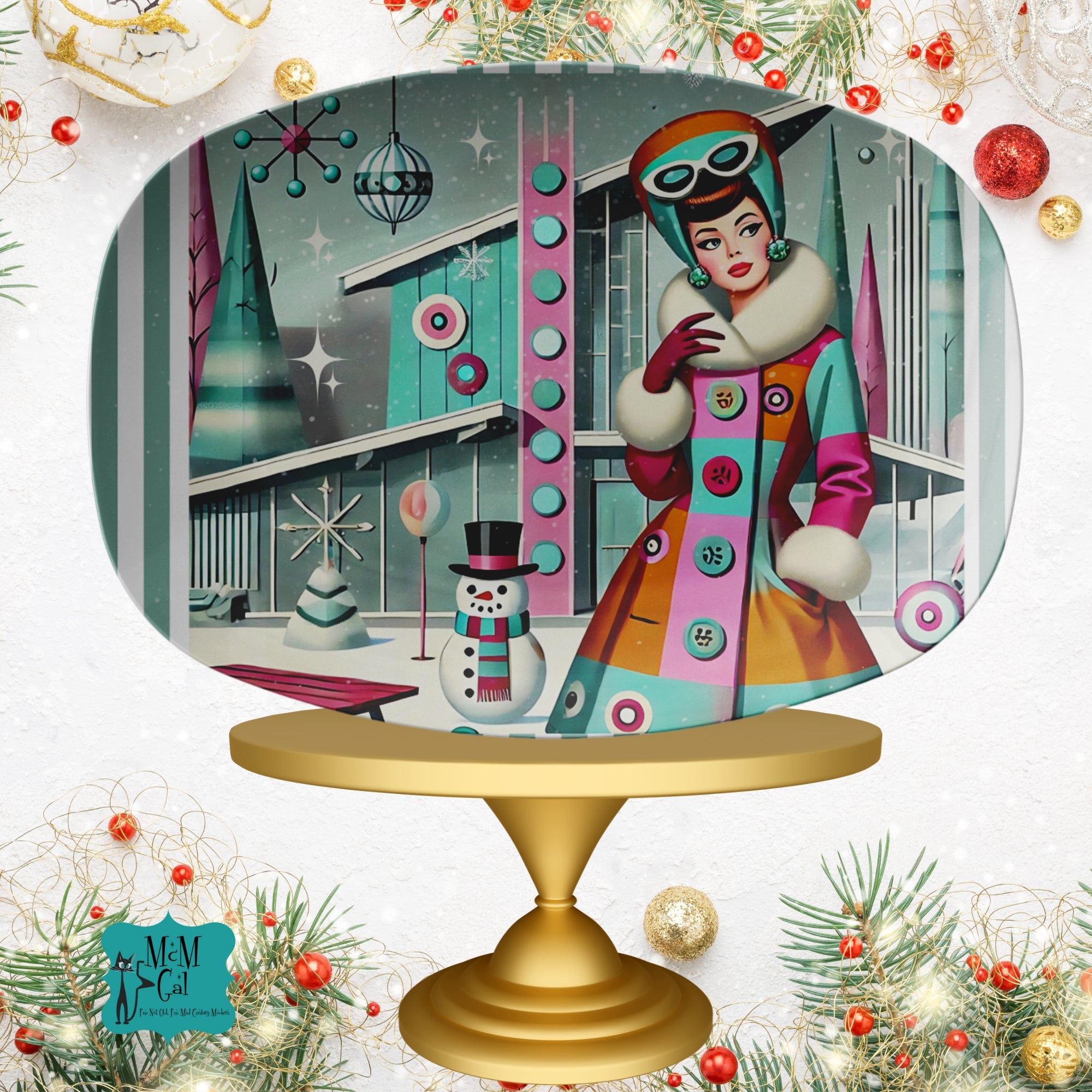 50s Christmas Vintage Kitschy Mod Gal, Winter Wonderland Mid Century Modern Tableware For Christmas, Winter