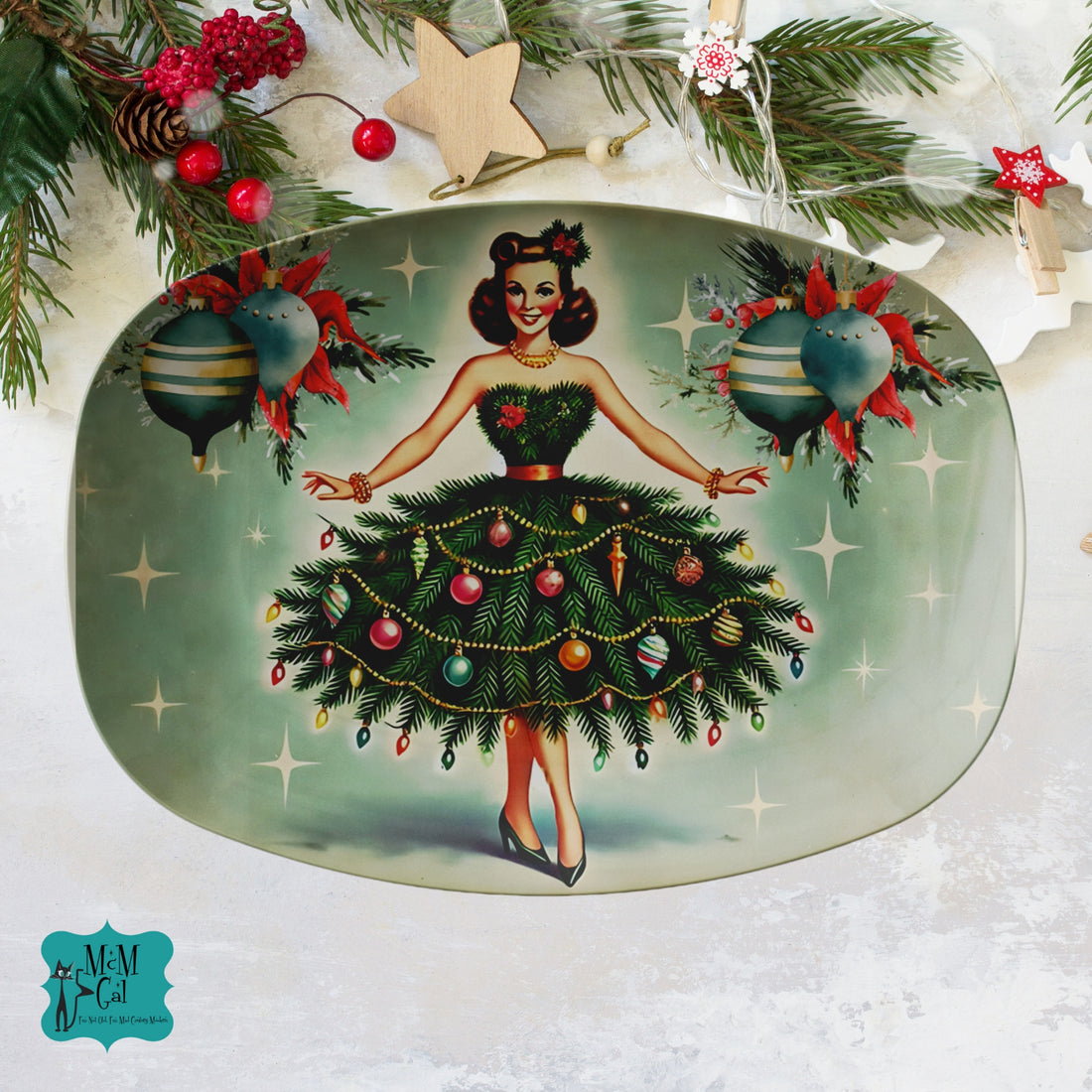 Vintage Holiday Kitsch 50s Mod Gal, Mid Century Modern Christmas Platter