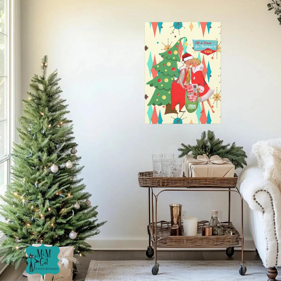 Retro Holiday Mantel Wall Art  Vintage Christmas Decor, Cute Couple Wall Art