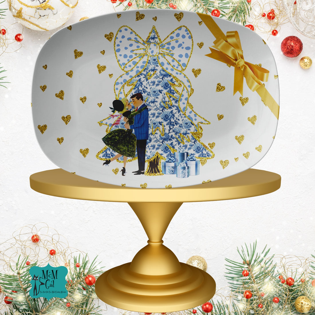 Chinoiserie Christmas Platter,Blue And White Chinoiserie Grandmillenial Coquette Tree, Vintage Couple MCM Christmas - Mid Century Modern Gal