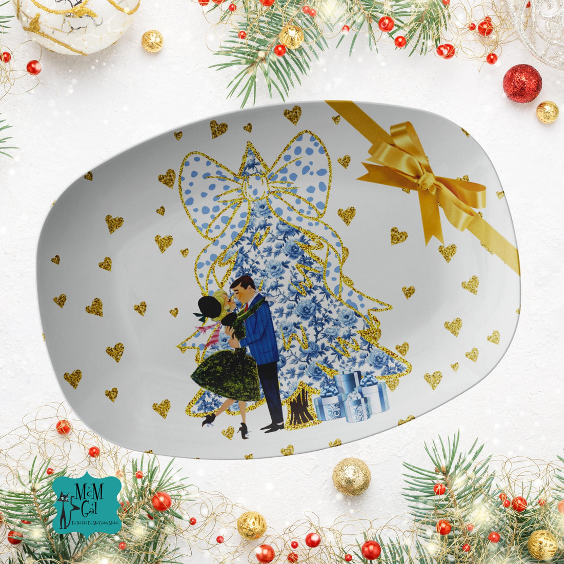 Chinoiserie Christmas Platter,Blue And White Chinoiserie Grandmillenial Coquette Tree, Vintage Couple MCM Christmas - Mid Century Modern Gal