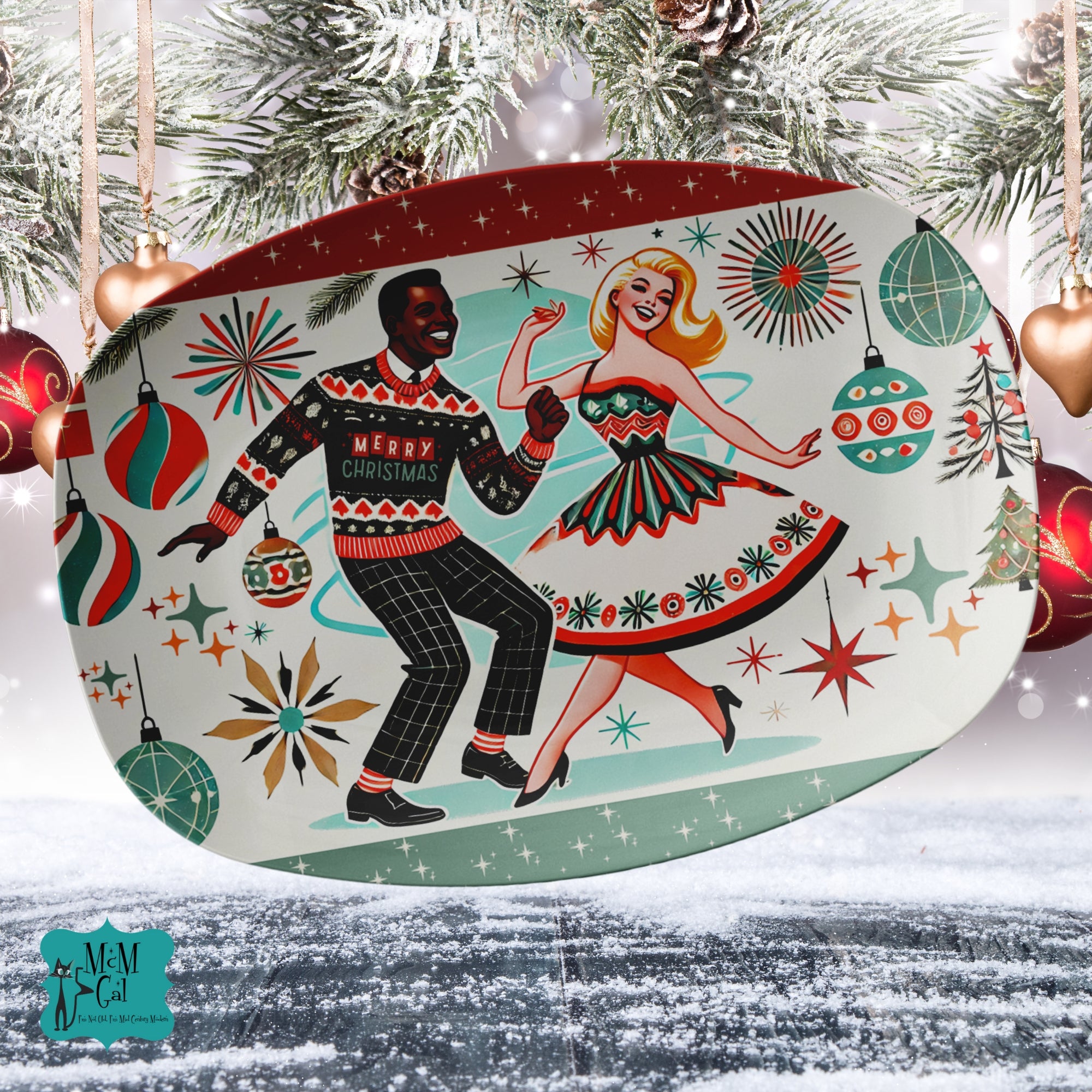 Mid Mod Retro 50s Kitsch Mixed Race Couple Christmas Platter