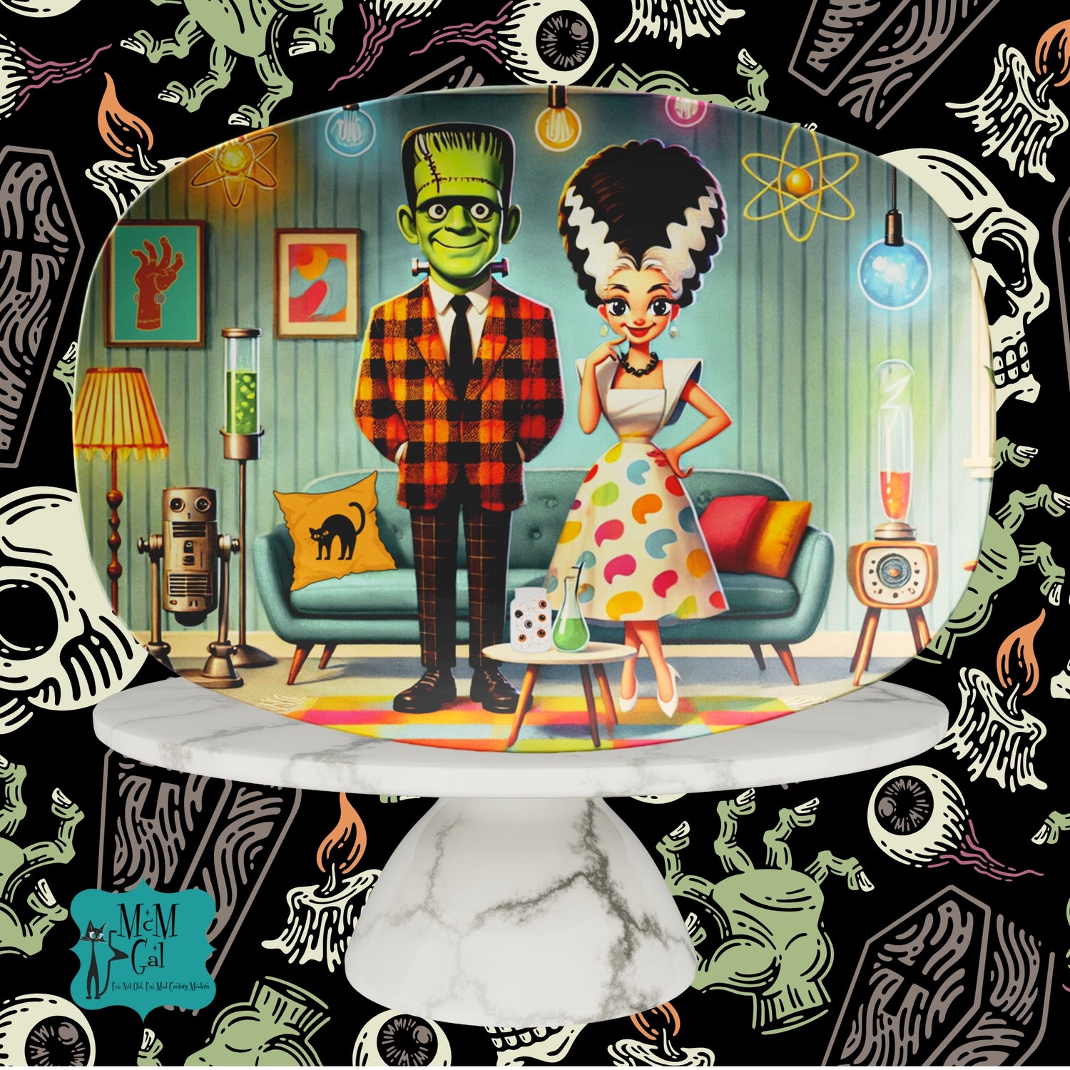 Retro Frankenstein And Bride, Kitschy Fun Mid Century Modern Platter - Mid Century Modern Gal