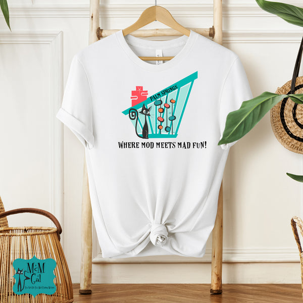 Palm Springs Cali Atomic Cat Modernism, Atomic Cat Retro Inspired Unisex Jersey Tee - 'Where Mod Meets Mad Fun!'