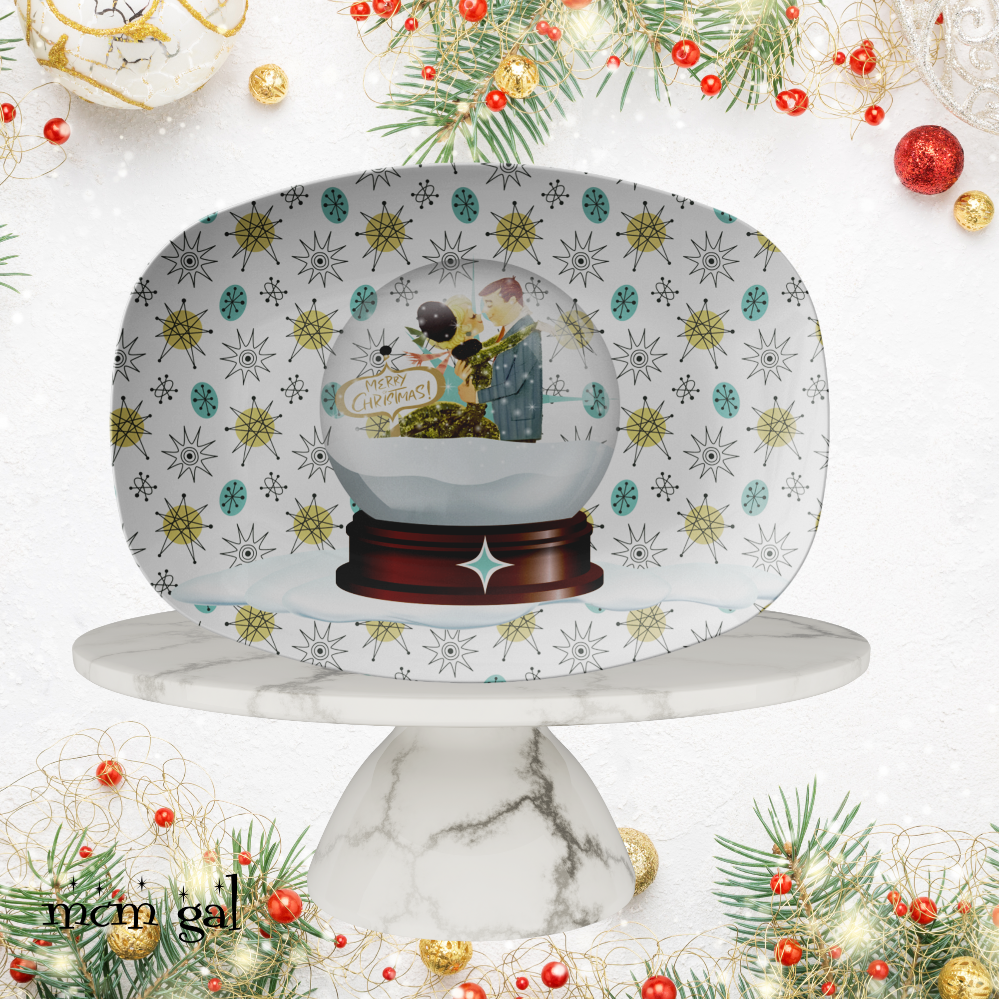 Mid Century Modern Christmas Platter, Franciscan Starburst, Kitschy Gifts, Snowglobe Mod Couple Gifts