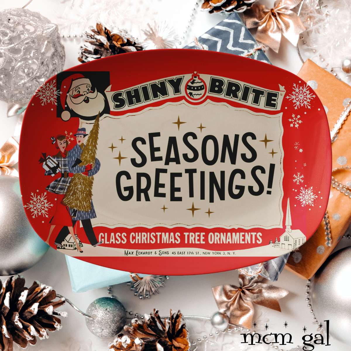 Shiny Brite Vintage Ad, Mid Century Modern Kitschy 50s Couple Christmas Gift Platter - Mid Century Modern Gal