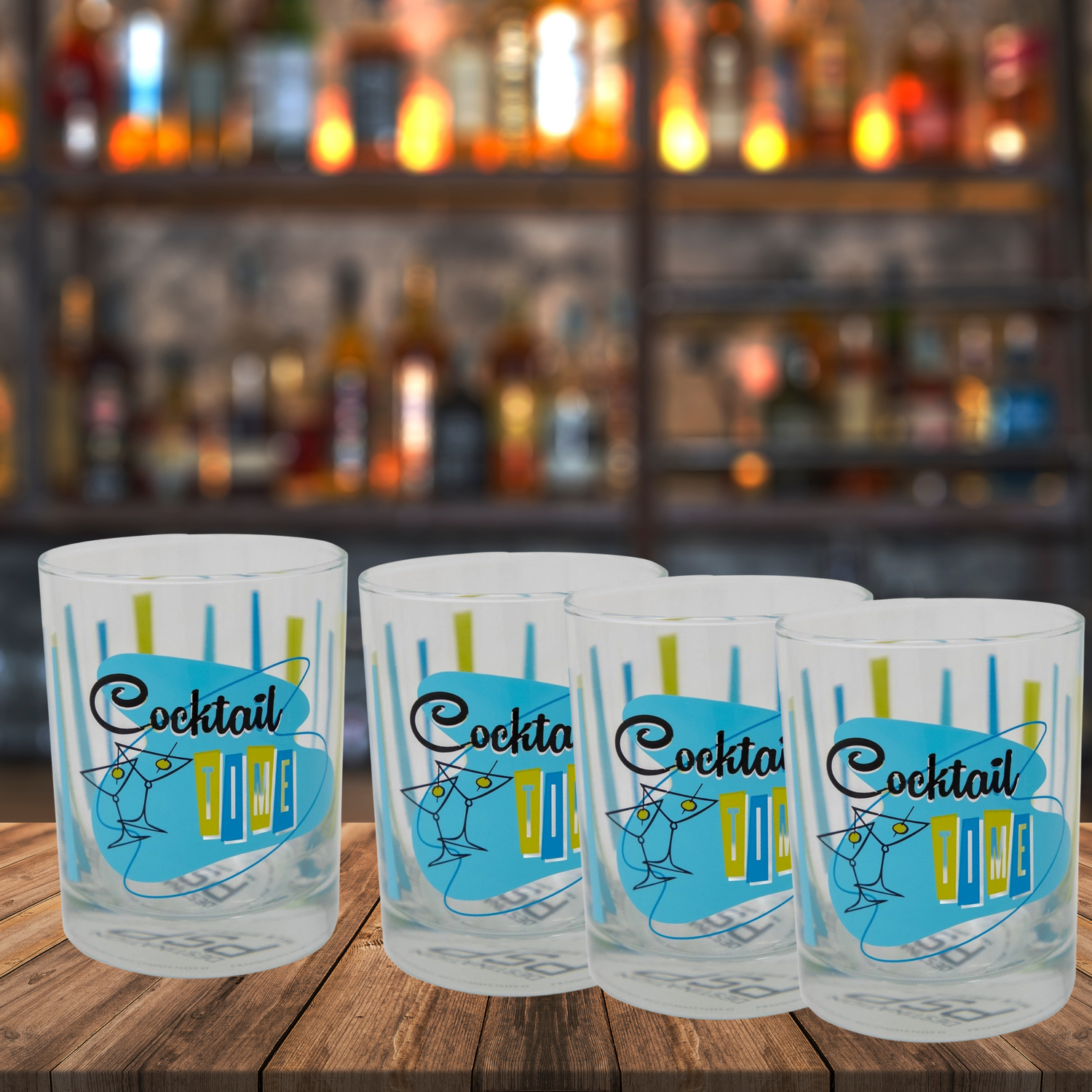 Mid Century Modern Barware, Kitschy Cocktail Time Old Fashioned Glass Set of 4 - 14 oz Blue Green - Mid Century Modern Gal