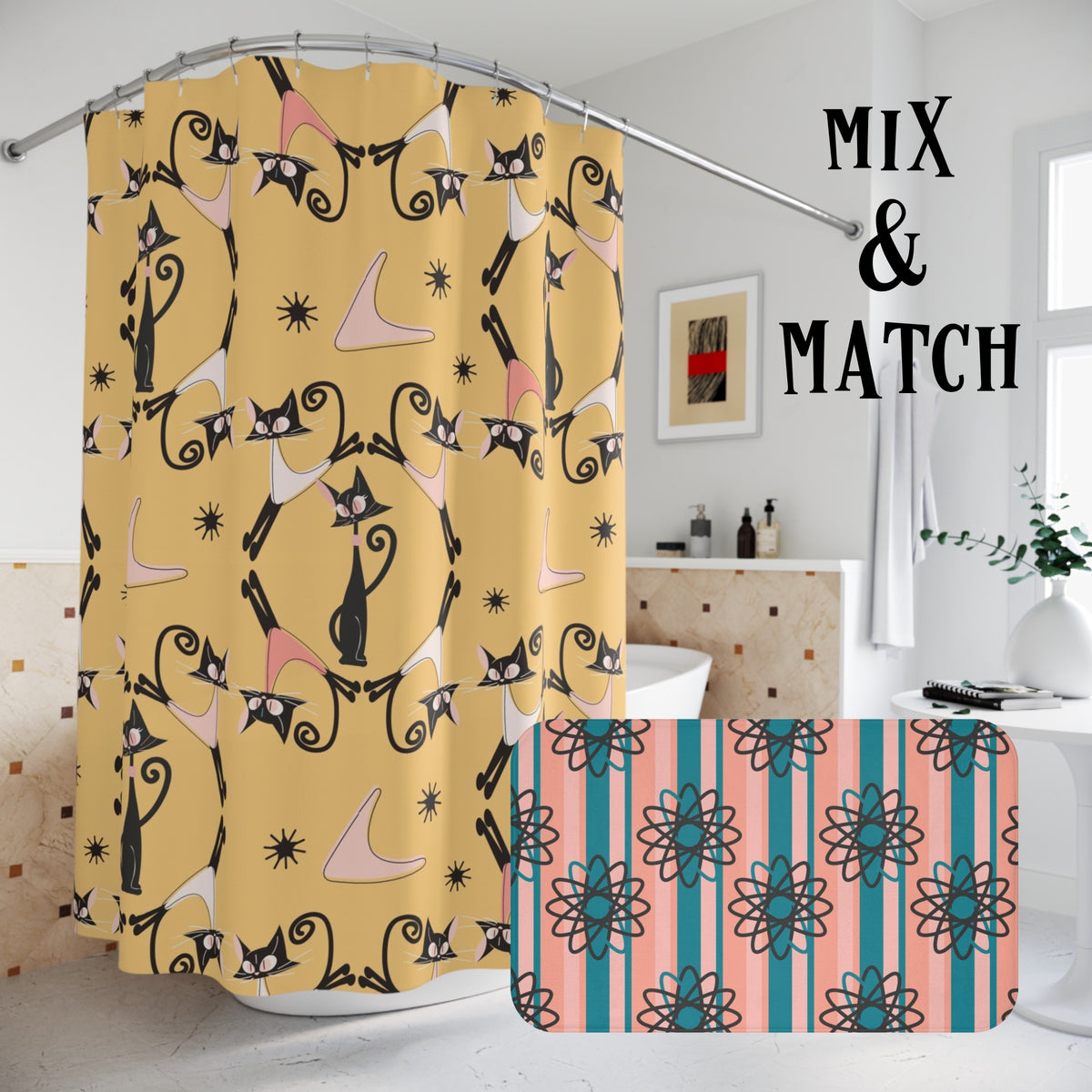 Atomic Cat Shower Curtain, Cat Mom Gifts, Black Cat Lover, Mid Century Modern Atomic Boomerangs, Mustard Yellow, MCM Bath Decor - Mid Century Modern Gal