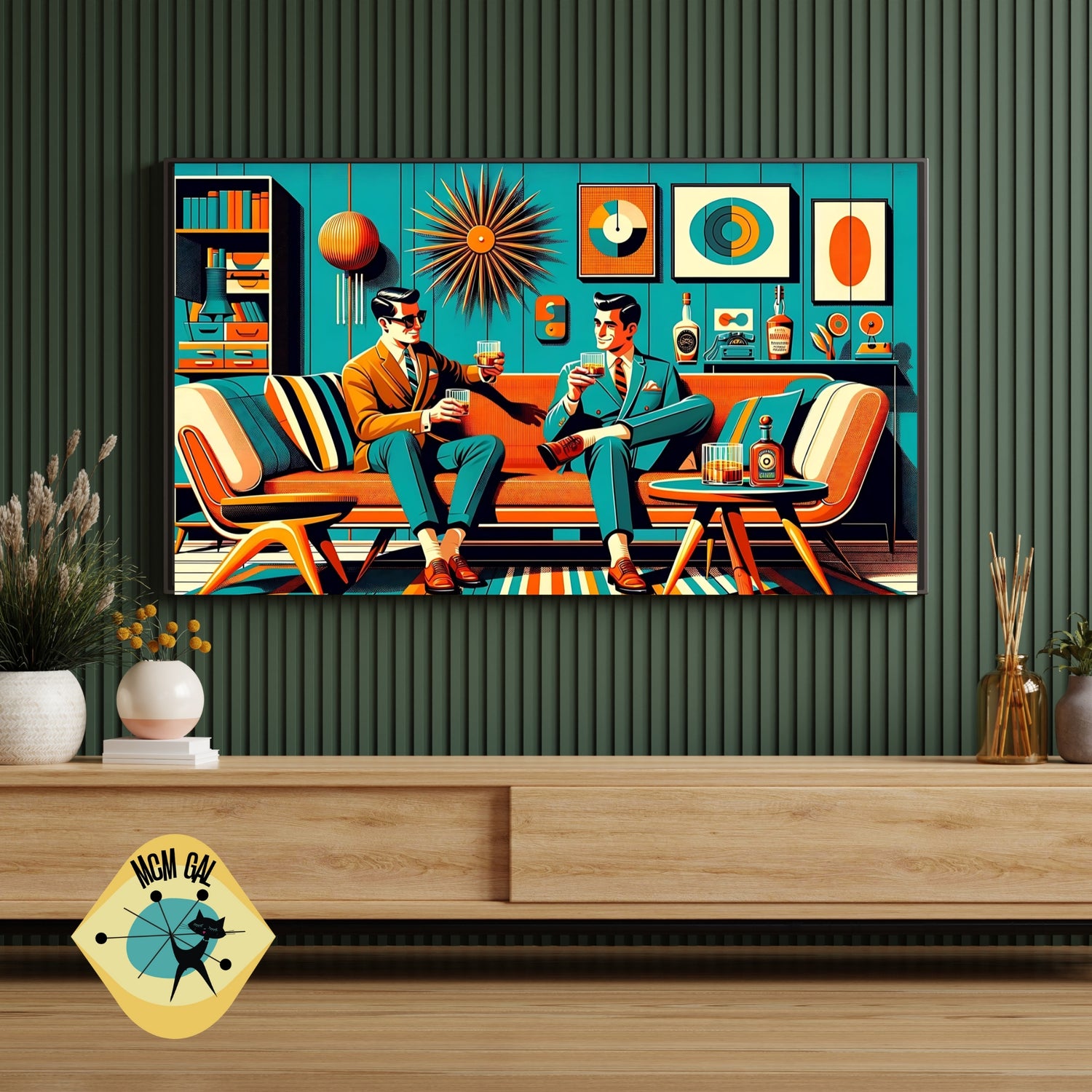 Frame TV Mid Century Modern Gentleman, Gay Male Couple, Bourbon Drinkers Samsung TV Art