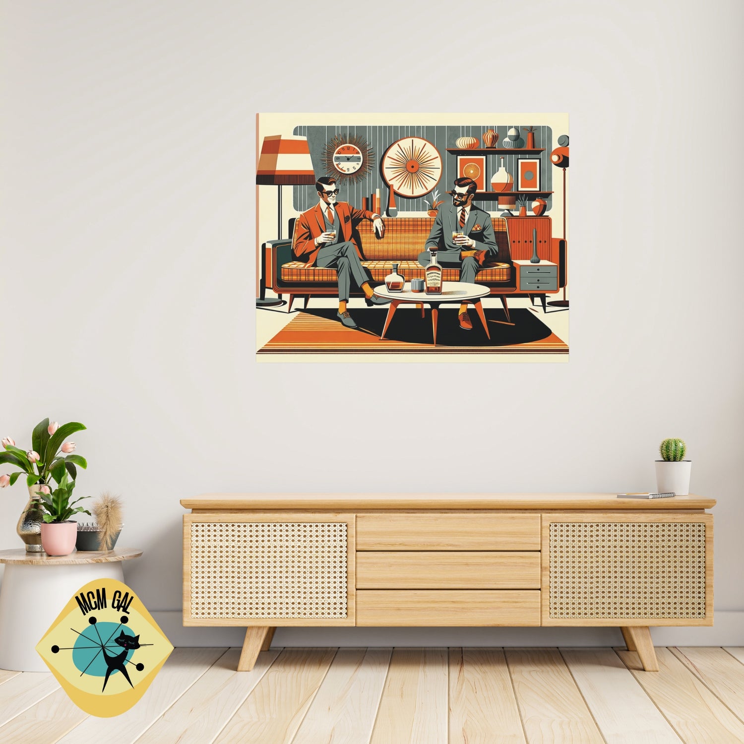 Mid Century Modern Mod Dude, Gay Male Couple Drinking Bourbon, MCM Art