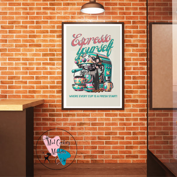 Atomic Cat Coffee Bar, Espresso Bar, Coffee Shop Kitchen Wall Art, Black Cat Lover Gifts, Cat Mom, Kitschy Cute Mid Century Modern Art