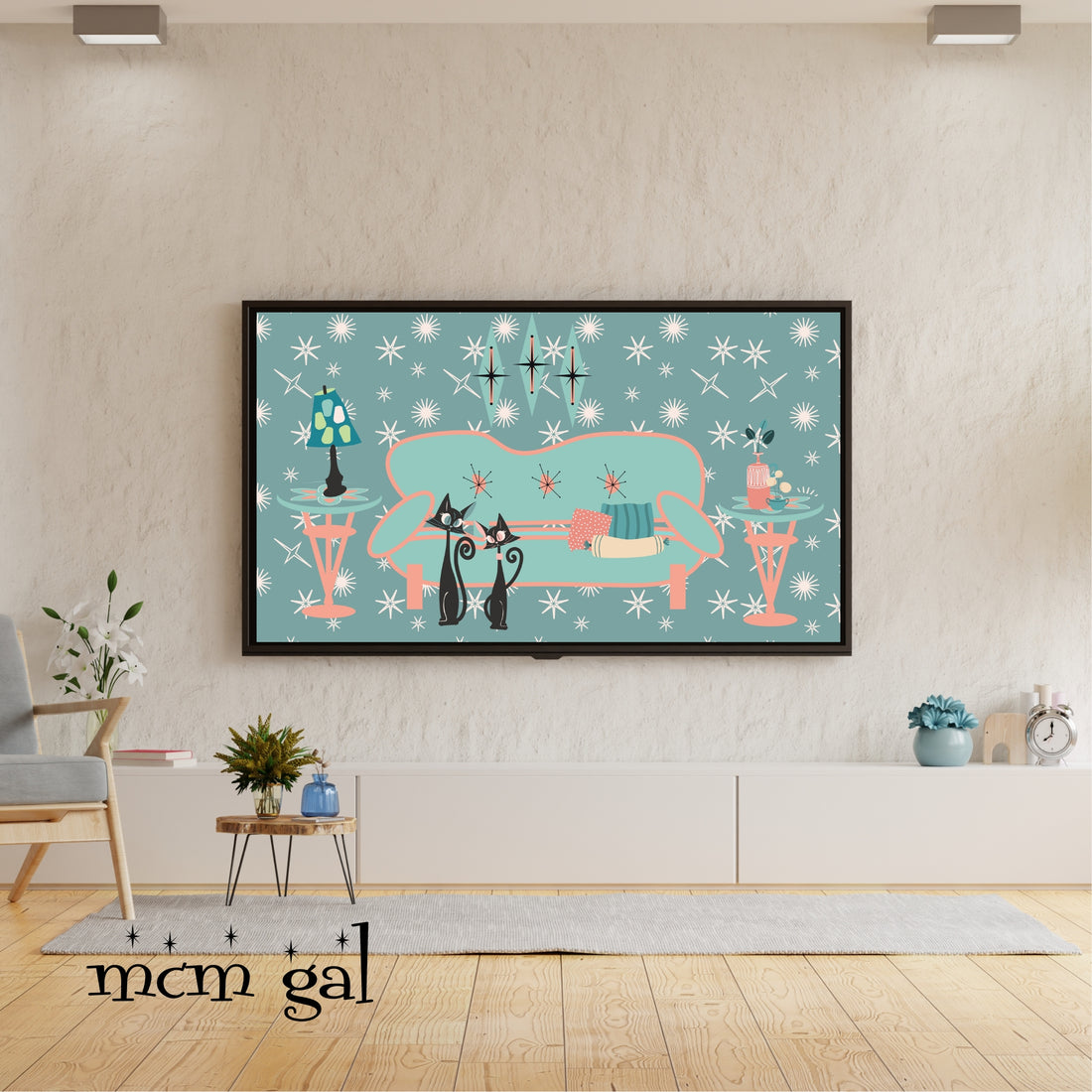 Atomic Cats, Cozy Livingroom Scene, Aqua, Coral Color Samsung Frame TV Art Instant Download