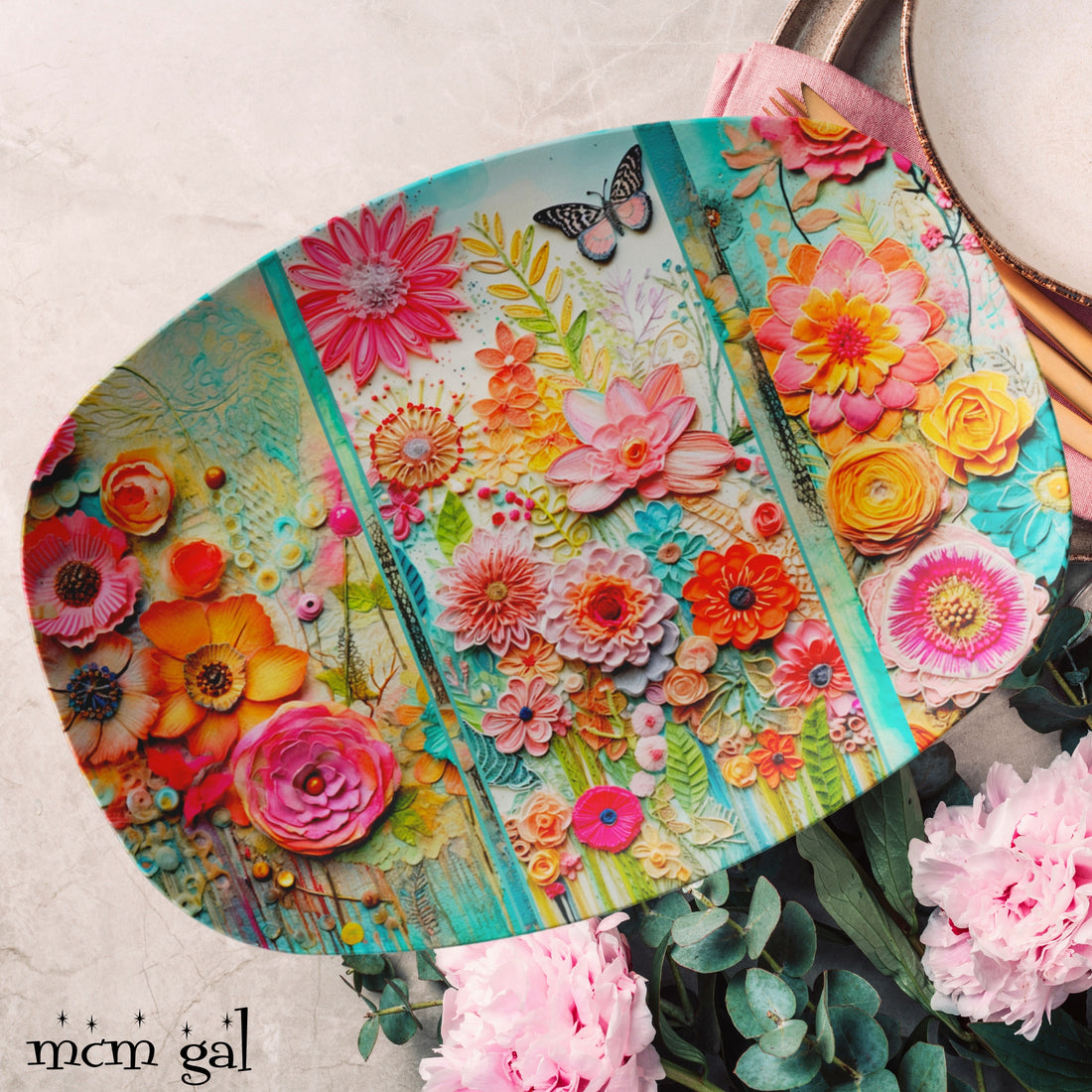Bohemian Floral Party Platter, Botanical Flowers, Spring, Summer Retro Modern Tableware