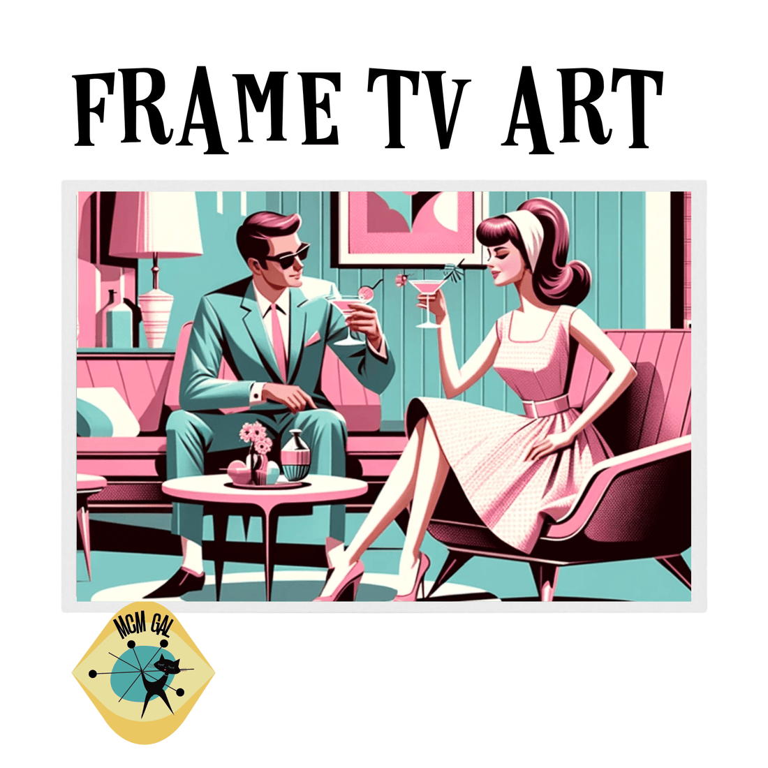 Samsung Frame TV Mid Century Modern Kitschy Pink Aqua, Mod Couple - Mid Century Modern Gal