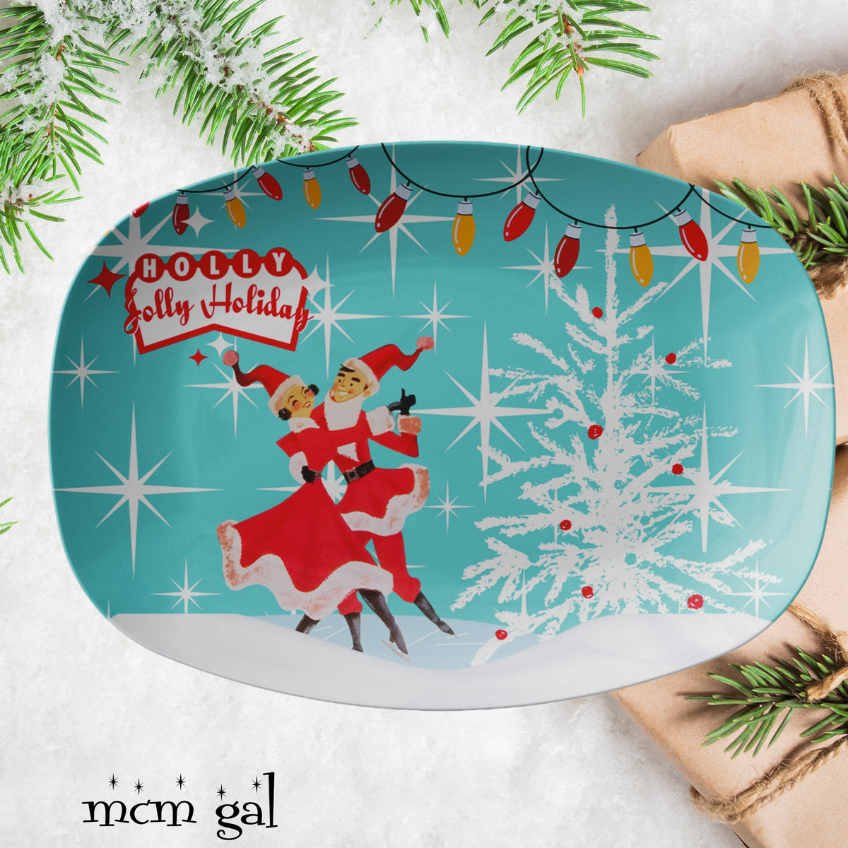 Holly Jolly 50s Kitschy Vintage Christmas Mid Century Modern Platter - Mid Century Modern Gal