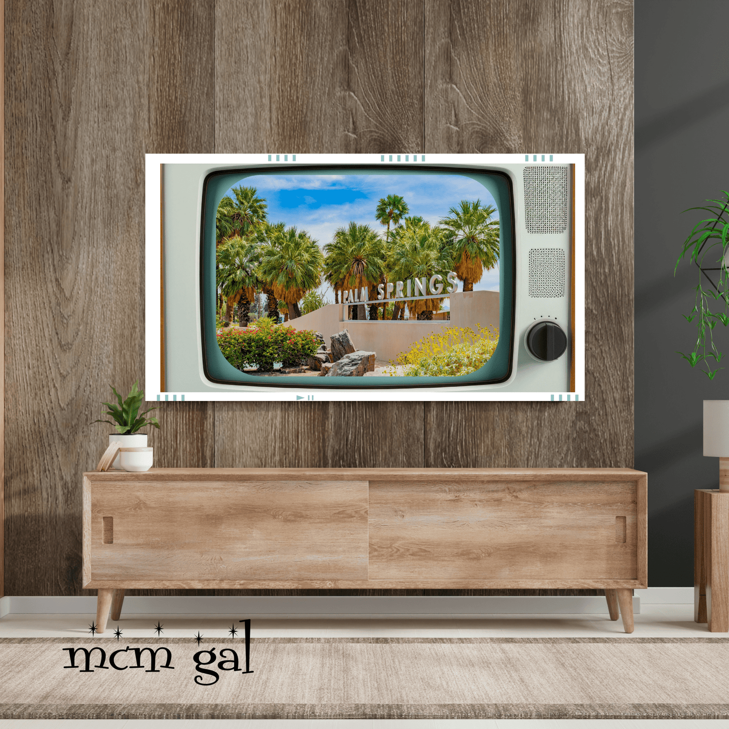 Samsung Frame TV Art, Retro Palms Spring California Scene, Surrounded By Vintage TV