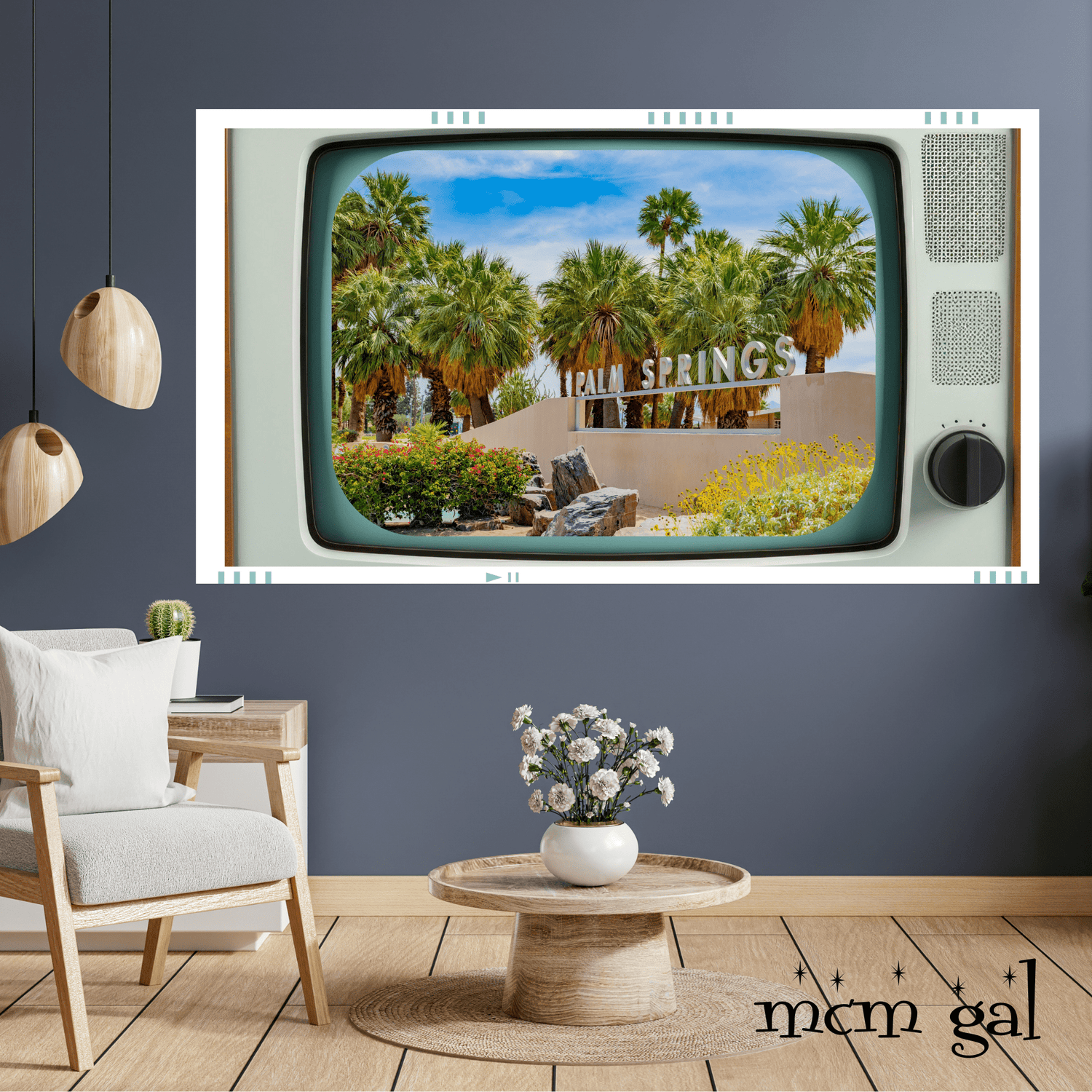 Samsung Frame TV Art, Retro Palms Spring California Scene, Surrounded By Vintage TV