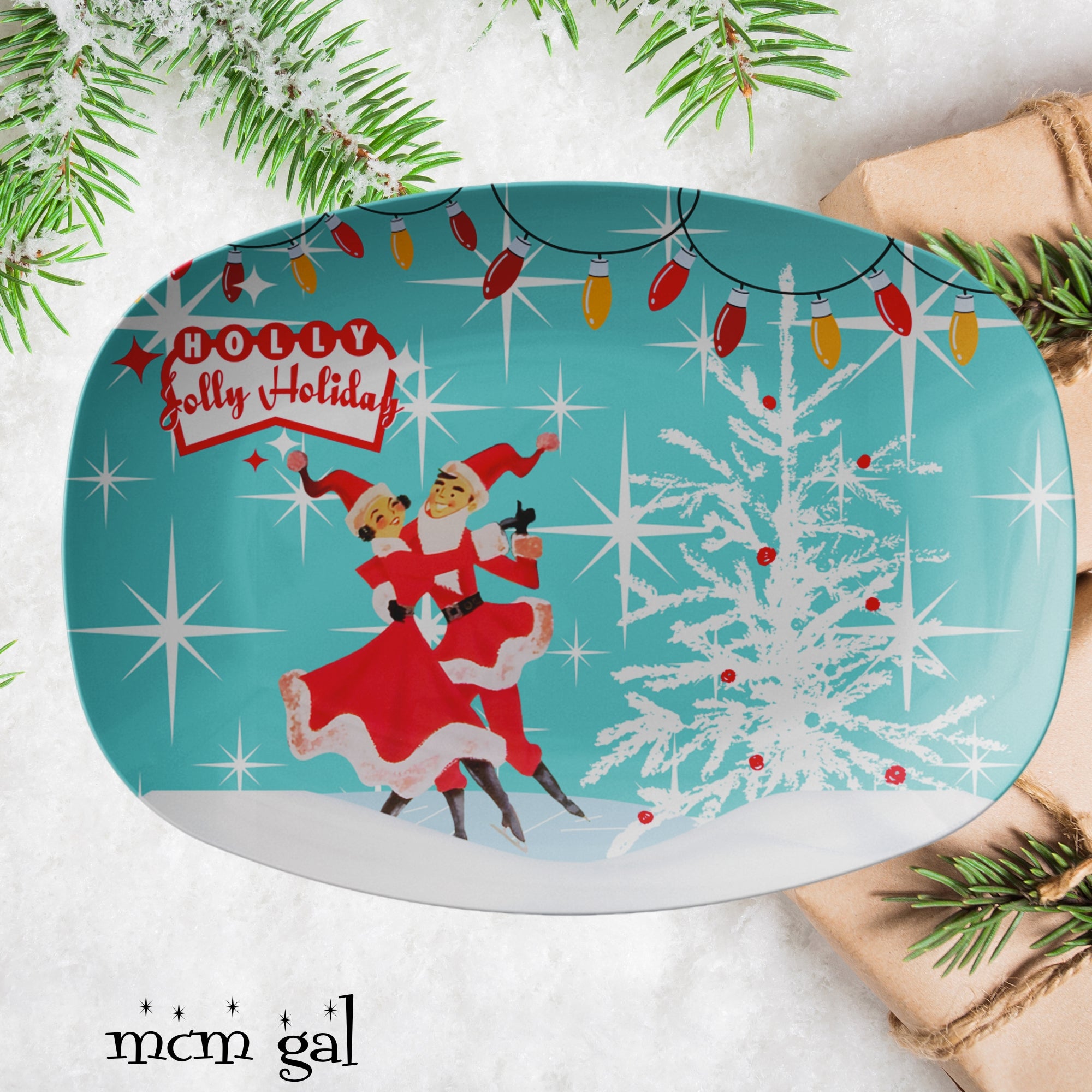 Holly Jolly 50s Kitschy Vintage Christmas Mid Century Modern Platter