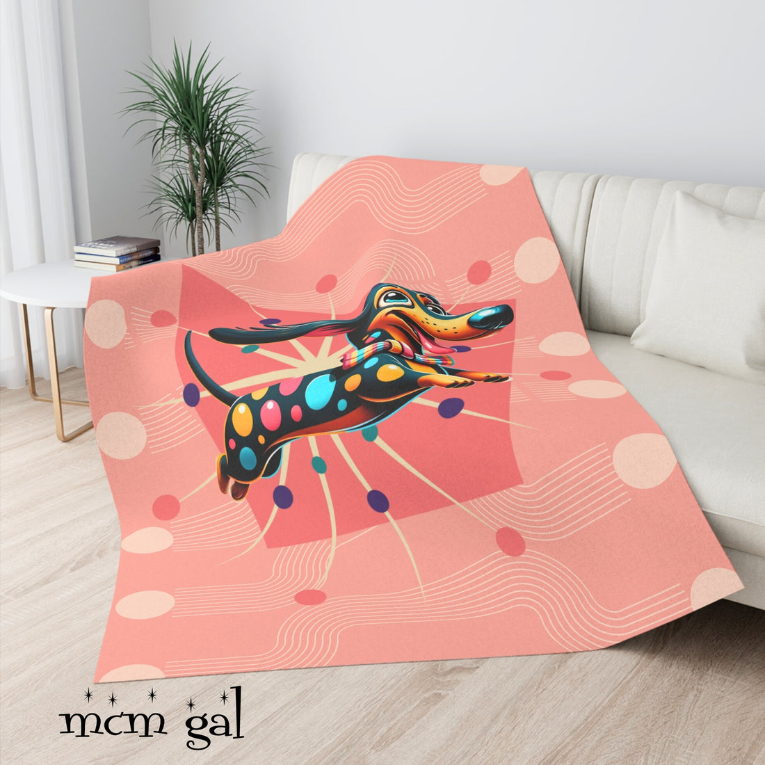 Doxie Dog Blanket, Weiner Dog Lover, Mid Century Modern Coral Pink, Whimsical Mid Century Mod  Dachshund Dog Lover Sherpa Fleece Blanket