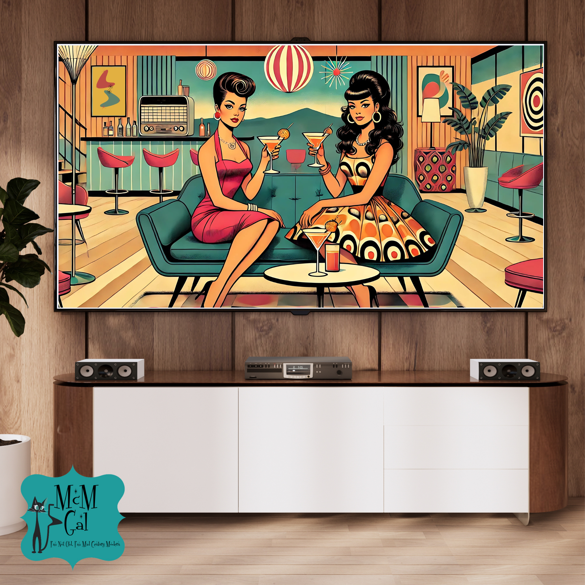 Mod Gals, Mid Century Modern Cocktail Hour Samsung Frame TV art - Mid Century Modern Gal