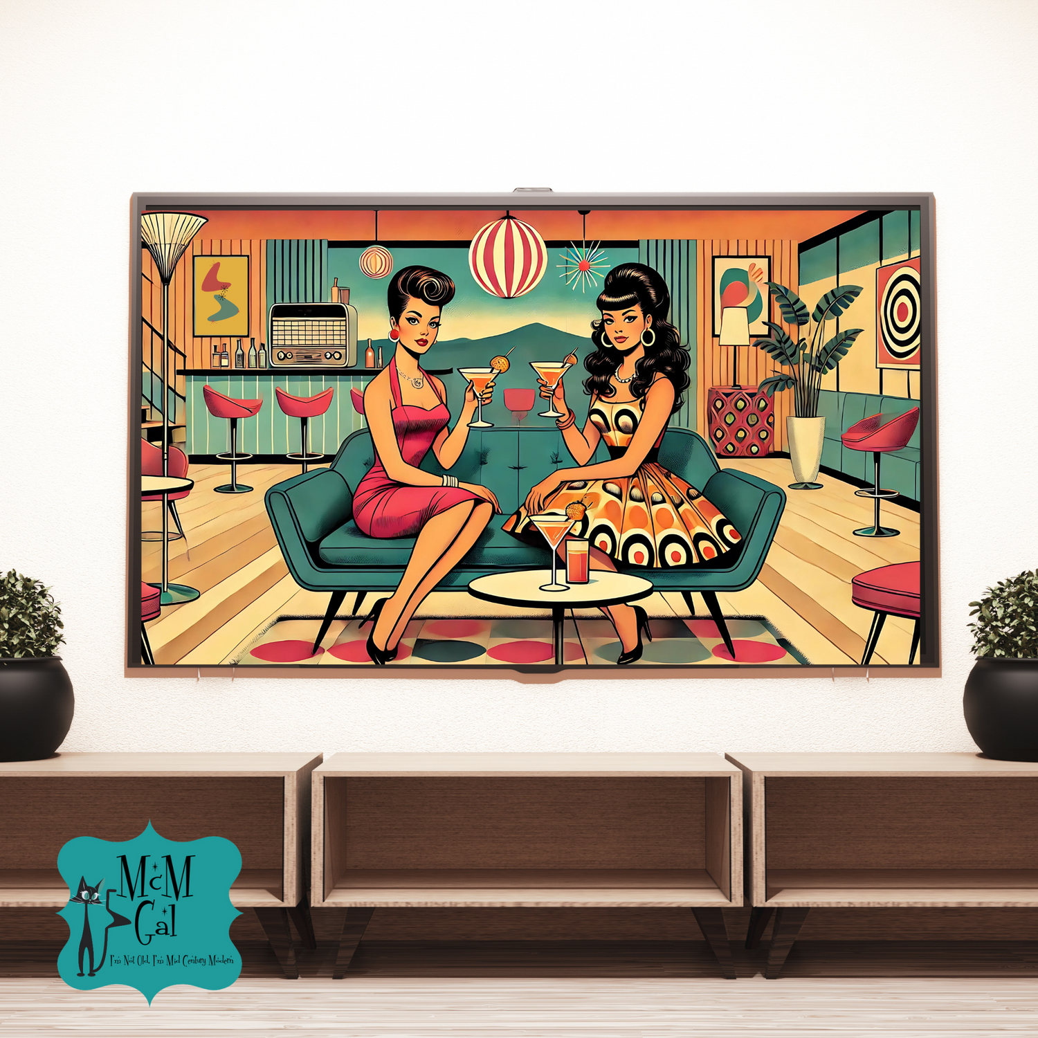 Mod Gals, Mid Century Modern Cocktail Hour Samsung Frame TV art - Mid Century Modern Gal