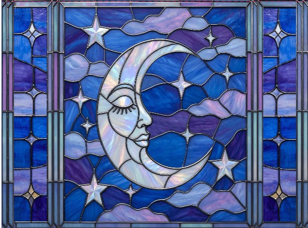 Halloween Stained Glass Style Night Sky Crescent Moon Stars Clouds