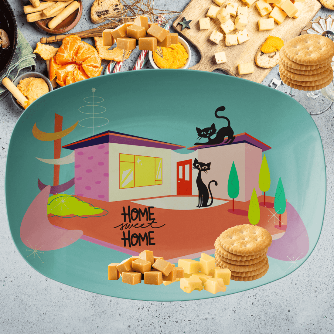 New Home Housewarming Gift, Mid Century Modern Dinnerware, Atomic Kitschy Cats, Home Sweet Home Retro Party Platter Kitchenware