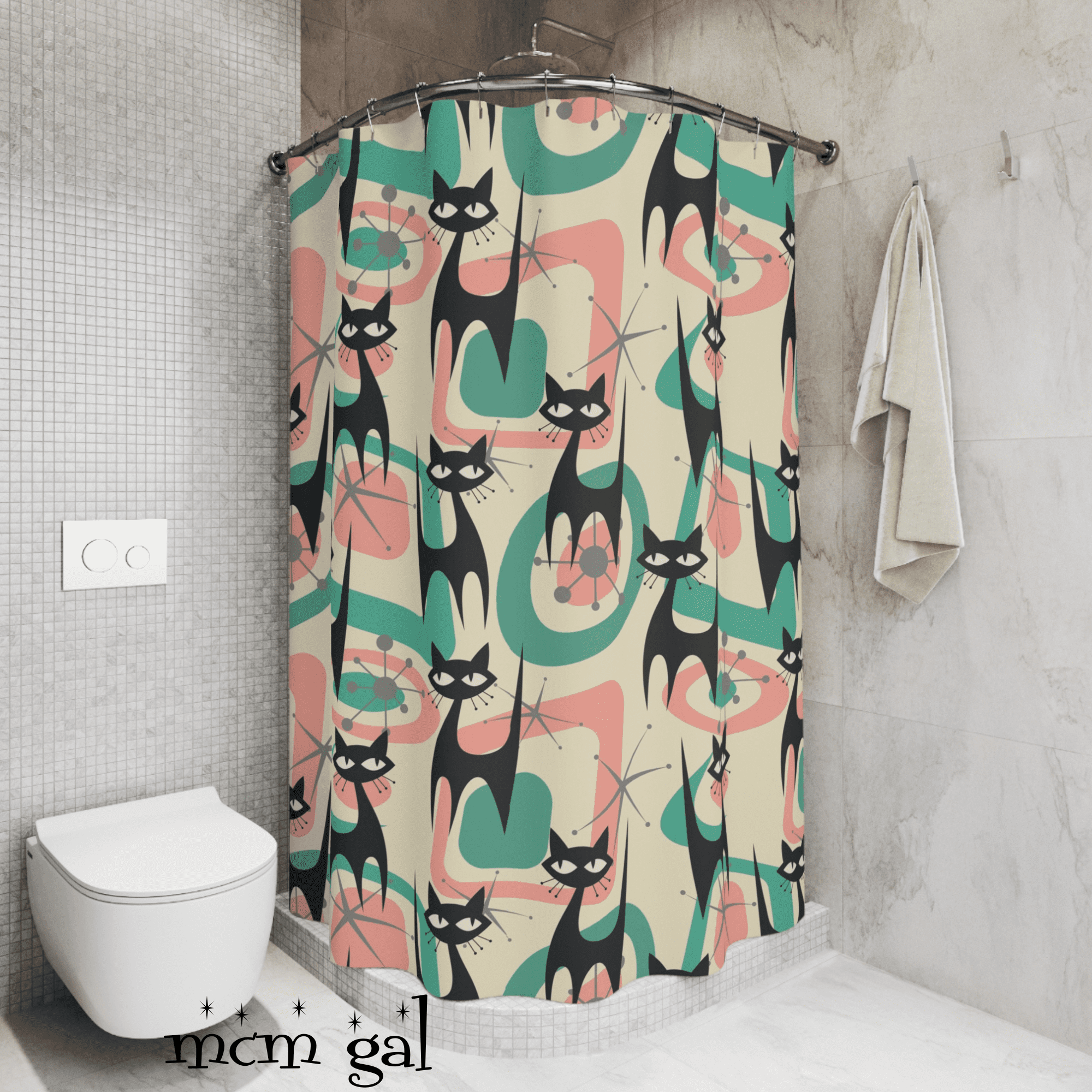 Atomic Kittie Cat, Mid Century Modern Mint Green Coral Pink Shower Curtain - Mid Century Modern Gal